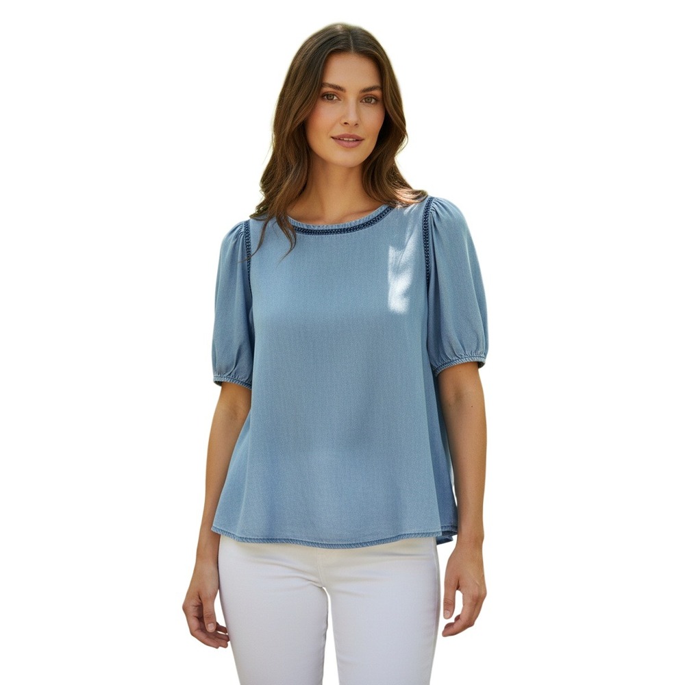 Romantic 100% Lyocell Chambray Puff Sleeve Top E&M Button Bck Blue S Cottagecore